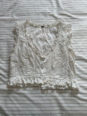 Free People White Embroidered Ruffle V-Neck Top